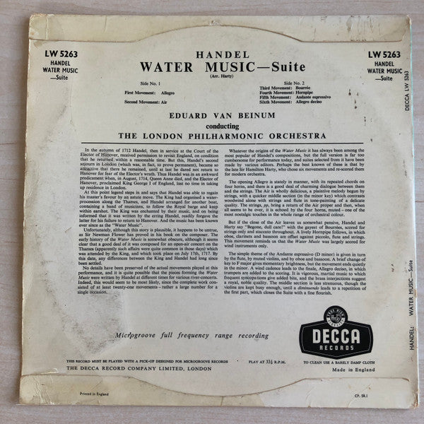 Eduard van Beinum Conducting London Philharmonic Orchestra, Georg Friedrich Händel : Water Music - Suite (10", Mono)