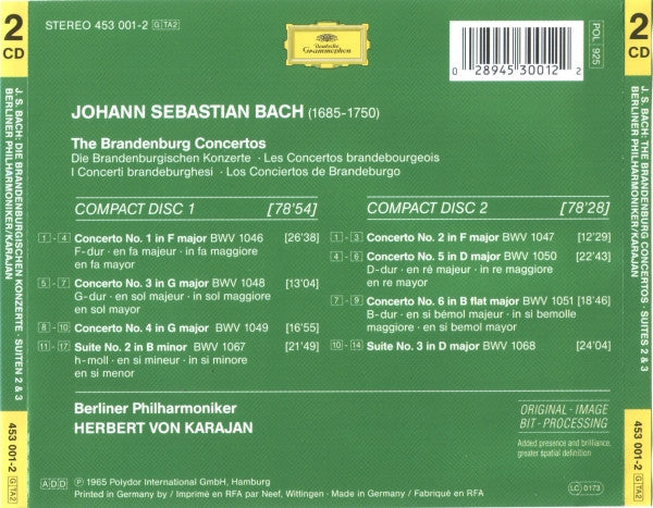 Johann Sebastian Bach, Berliner Philharmoniker, Herbert von Karajan : The Brandenburg Concertos. Suites Nos. 2 & 3 (2xCD, Comp, RE, RM)