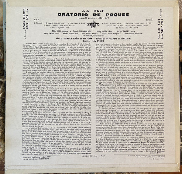 Johann Sebastian Bach - Heinrich-Schütz-Chor Heilbronn, Südwestdeutsches Kammerorchester, Fritz Werner : Oratorio De Pâques - Oster-Oratorium BWV 249 (LP)