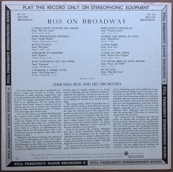 Edmundo Ros & His Orchestra : Ros On Broadway (LP, Album)