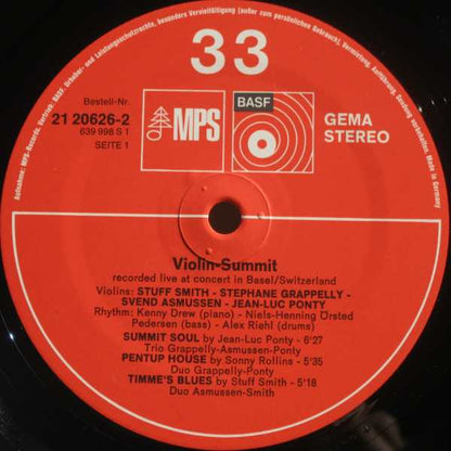 Stuff Smith, Stéphane Grappelli, Svend Asmussen, Jean-Luc Ponty : Violin-Summit (LP, Album, RE, Gat)