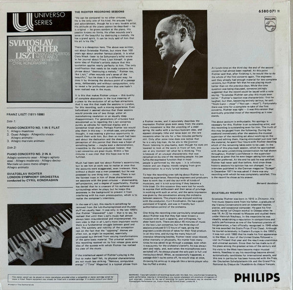 Franz Liszt - Sviatoslav Richter / London Symphony Orchestra / Kiril Kondrashin : Piano Concertos Nos. 1 And 2 (LP, RE)