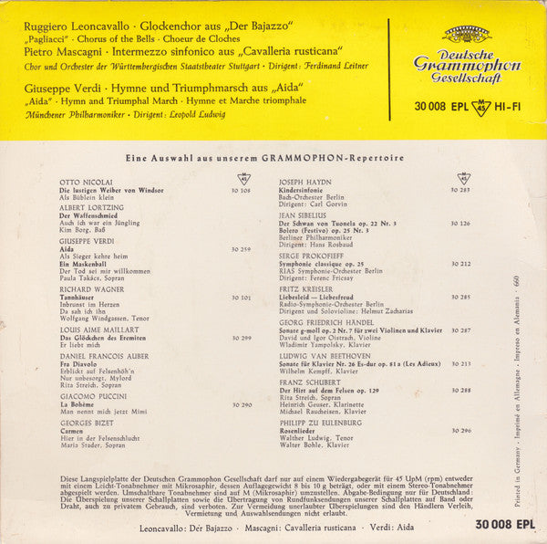 Ruggiero Leoncavallo - Pietro Mascagni - Giuseppe Verdi : Der Bajazzo · Cavalleria Rusticana · Aida (7", EP, Mono, RE)