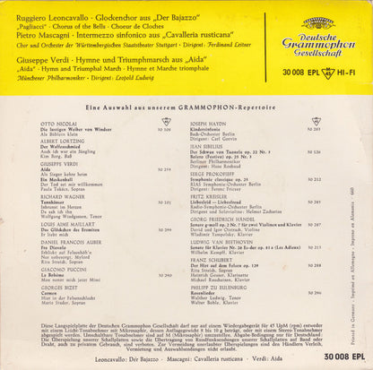 Ruggiero Leoncavallo - Pietro Mascagni - Giuseppe Verdi : Der Bajazzo · Cavalleria Rusticana · Aida (7", EP, Mono, RE)