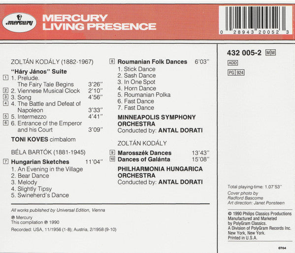Antal Dorati Conducts Zoltán Kodály / Béla Bartók : Háry János Suite / Hungarian Sketches And Roumanian Dances /  Dances Of Galánta / Marosszék Dances (CD, Comp)