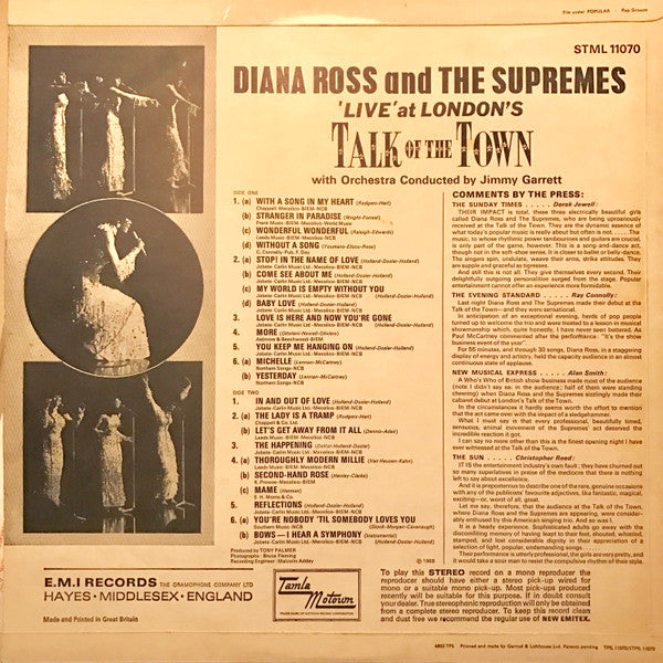 The Supremes : 'Live' At London's Talk Of The Town (LP, Album)