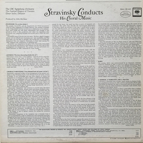 Igor Stravinsky, CBC Symphony Orchestra, Festival Singers Of Toronto, Elmer Iseler : Stravinsky Conducts His Choral Music (LP)