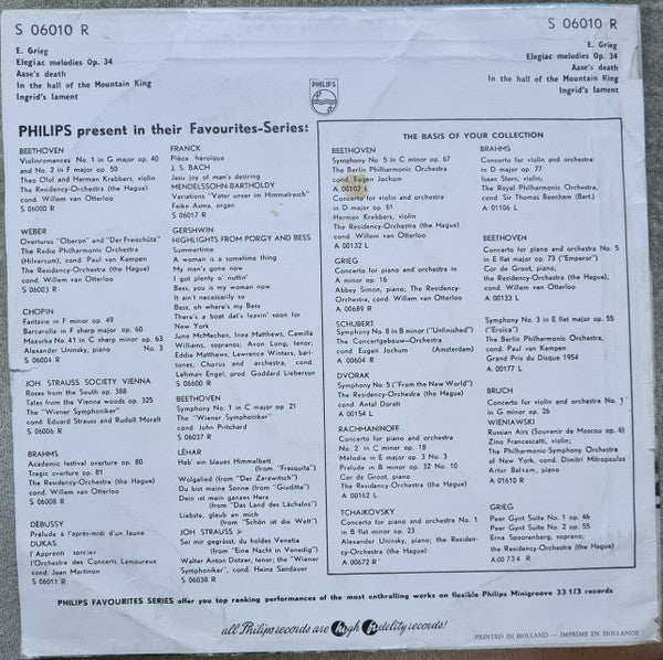 Edvard Grieg - Residentie Orkest, Willem van Otterloo : Elegiac Melodies Op. 34 / From Peer Gynt Suit (10", Album, yel)