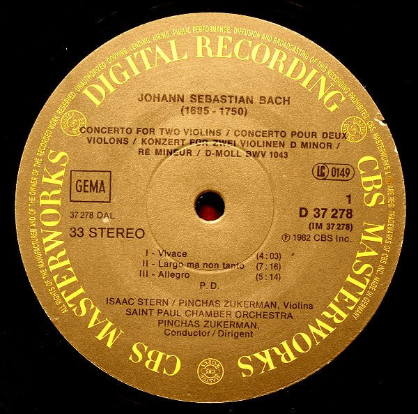 Johann Sebastian Bach / Antonio Vivaldi / Isaac Stern & Pinchas Zukerman With The Saint Paul Chamber Orchestra : Concerti For 2 Violins (LP)