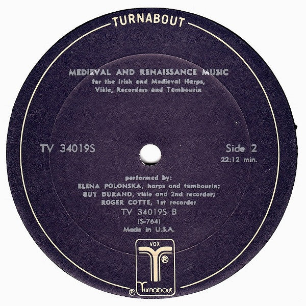 Elena Polonska, Guy Durand, Roger Cotte : Medieval And Renaissance Music For The Irish And Medieval Harps, Vièle, Recorders And Tambourin (LP, RE)