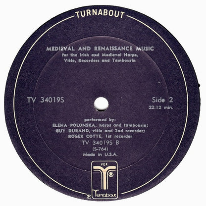 Elena Polonska, Guy Durand, Roger Cotte : Medieval And Renaissance Music For The Irish And Medieval Harps, Vièle, Recorders And Tambourin (LP, RE)