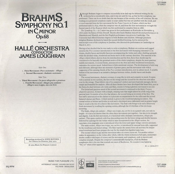 Johannes Brahms, Hallé Orchestra, James Loughran : Symphony No.1 In C Minor Op.68 (LP)