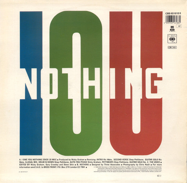 Bros : I Owe You Nothing (Over 18 Mix) (12", S/Sided, Maxi)