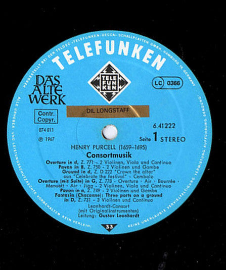 Henry Purcell - Leonhardt-Consort : Consort-Musik Für Streicher Und Cembalo = Consort Music For Strings And Harpsichord (LP, RE)