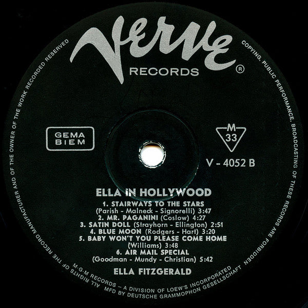 Ella Fitzgerald : Ella In Hollywood (LP, Album, Mono)