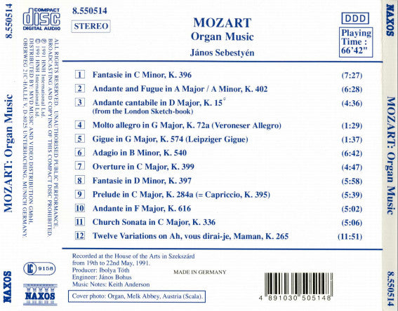 Wolfgang Amadeus Mozart, János Sebestyén : Organ Music (CD, Album)