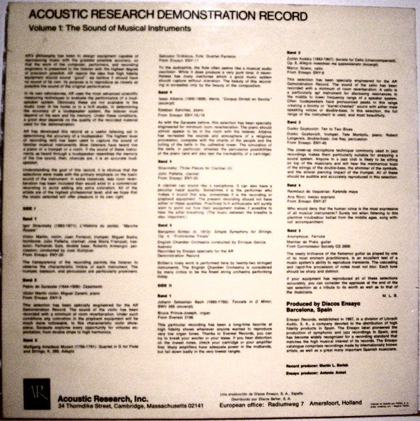 Various : Acoustic Research Demonstration Record. Vol.1: The Sound Of Musical Instruments (LP, Comp, Smplr)