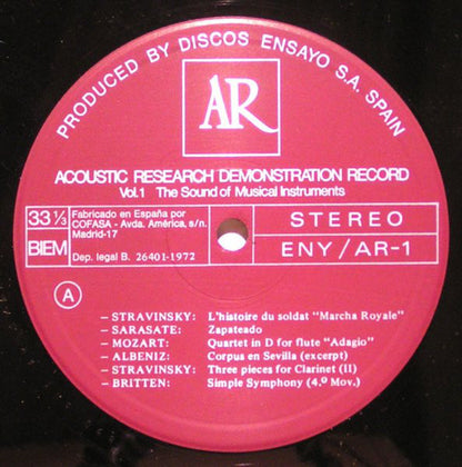 Various : Acoustic Research Demonstration Record. Vol.1: The Sound Of Musical Instruments (LP, Comp, Smplr)