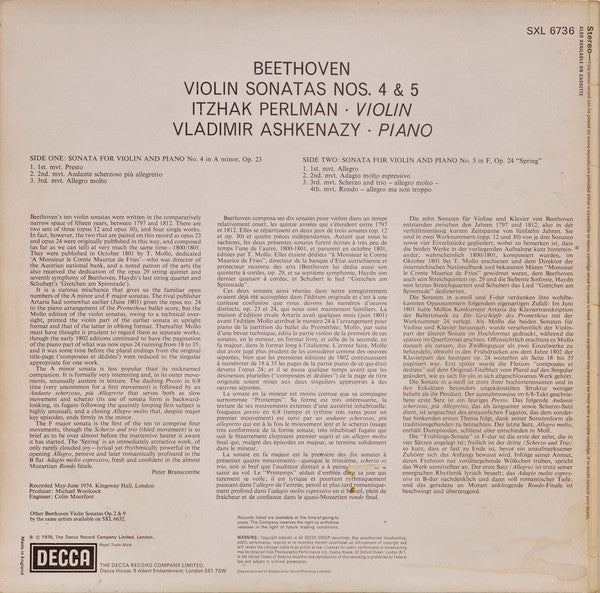 Ludwig Van Beethoven, Vladimir Ashkenazy & Itzhak Perlman : Violin Sonatas No.4 & No.5 "Spring" (LP, Album)