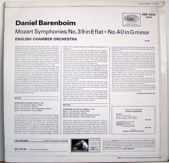 Daniel Barenboim, English Chamber Orchestra : Mozart Symphonies: No. 39 In E Flat, K.543; No. 40 G Minor, K.550 (LP)