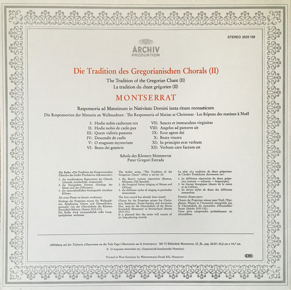 Escolanía De Montserrat, Gregori Estrada : Gregorianischer Choral = Gregorian Chant = Chant Grégorien (Benediktiner-Kloster = Benedictine Monastery = Monastère Des Bénédictins Montserrat) (LP, RE)