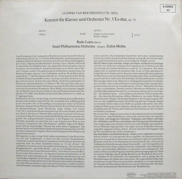 Ludwig van Beethoven, Radu Lupu, Israel Philharmonic Orchestra, Zubin Mehta : Klavierkonzert Nr. 5 Es-dur, Op. 73 (LP)