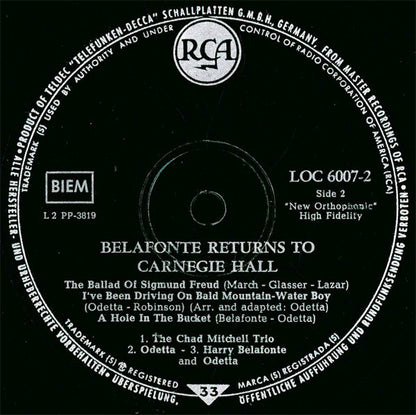 Harry Belafonte : Belafonte Returns To Carnegie Hall (2xLP, Album, Mono)