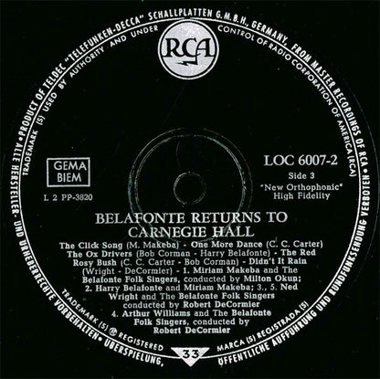 Harry Belafonte : Belafonte Returns To Carnegie Hall (2xLP, Album, Mono)