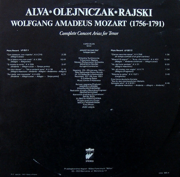 Wolfgang Amadeus Mozart, Orkiestra Symfoniczna Filharmonii Śląskiej, Luigi Alva, Janusz Olejniczak, Wojciech Rajski : Tenorowe Arie Koncertowe (Komplet) = Complete Concert Arias For Tenor (2xLP, Album, Bla)