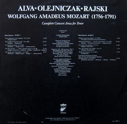 Wolfgang Amadeus Mozart, Orkiestra Symfoniczna Filharmonii Śląskiej, Luigi Alva, Janusz Olejniczak, Wojciech Rajski : Tenorowe Arie Koncertowe (Komplet) = Complete Concert Arias For Tenor (2xLP, Album, Bla)