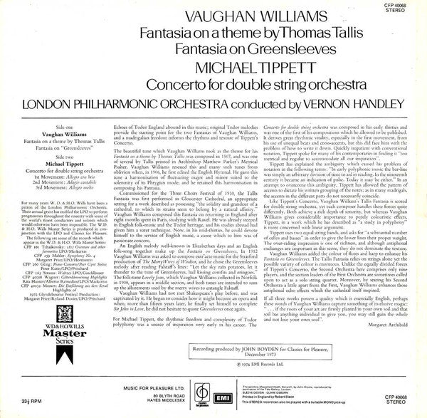 Ralph Vaughan Williams / Sir Michael Tippett, London Philharmonic Orchestra Conducted By Vernon Handley : Tallis Fantasia • Fantasia On Greensleeves / Concerto For Double String Orchestra (LP)