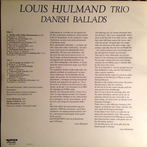 Louis Hjulmand Trio : Danish Ballads (LP, Album)