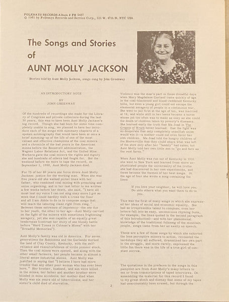 Aunt Molly Jackson : The Songs And Stories Of Aunt Molly Jackson (LP)