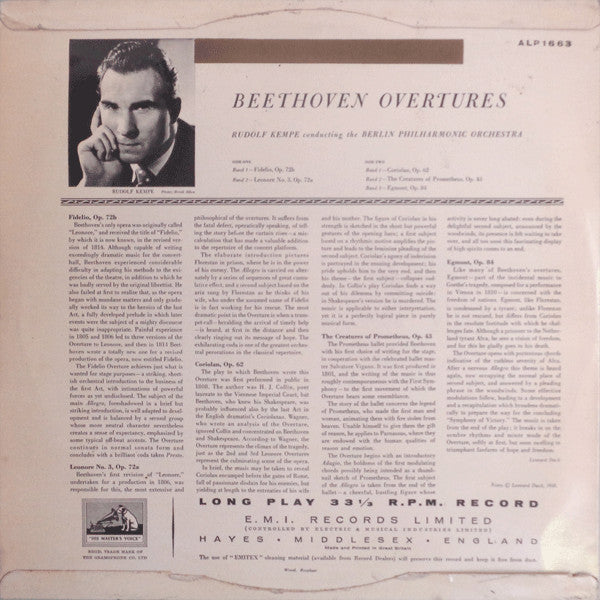 Ludwig van Beethoven - Rudolf Kempe / Berliner Philharmoniker : Overtures (LP, Mono)