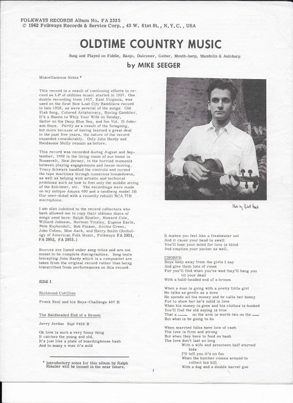 Mike Seeger : Old Time Country Music (LP, RE)