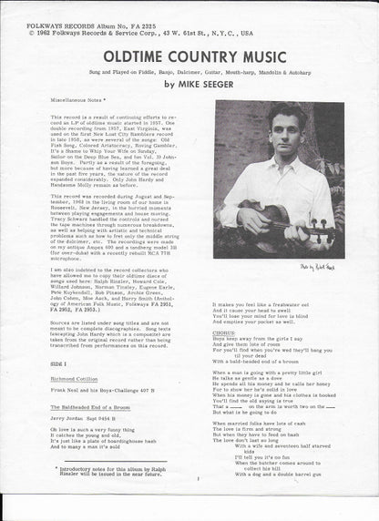 Mike Seeger : Old Time Country Music (LP, RE)