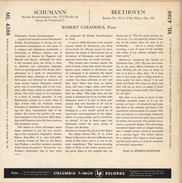 Robert Schumann / Ludwig van Beethoven - Robert Casadesus : Etudes Symphoniques, Op. 13 / Sonata No. 31 In A Flat Major, Op. 110 (LP, Album, Mono)