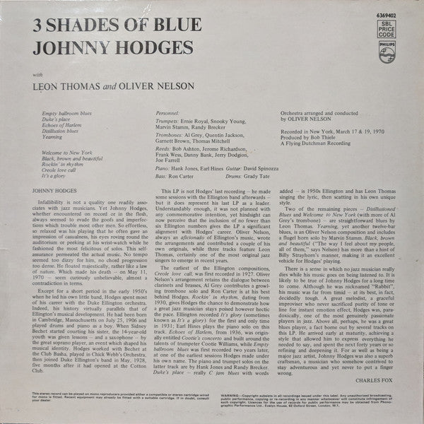 Johnny Hodges With Leon Thomas And Oliver Nelson : 3 Shades Of Blue (LP, Album)