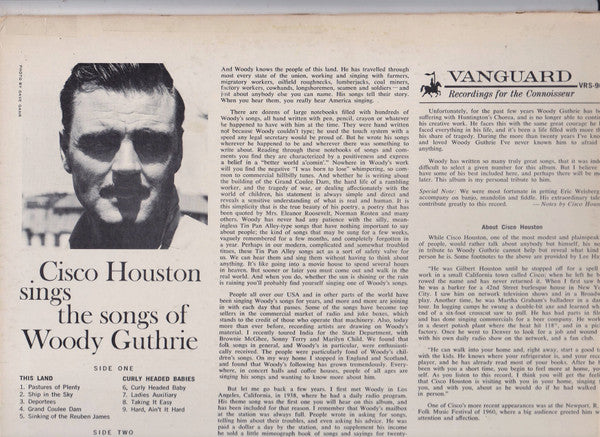 Cisco Houston : Cisco Houston Sings The Songs Of Woody Guthrie (LP, Album, Mono)