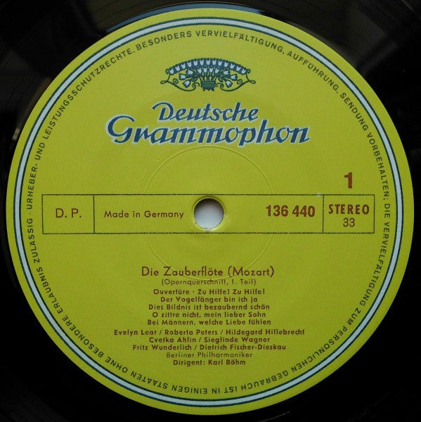 Wolfgang Amadeus Mozart - Evelyn Lear, Roberta Peters, Lisa Otto, Fritz Wunderlich, Dietrich Fischer-Dieskau, Franz Crass, Berliner Philharmoniker, Karl Böhm : Die Zauberflöte (Opernquerschnitt) (LP, RE)