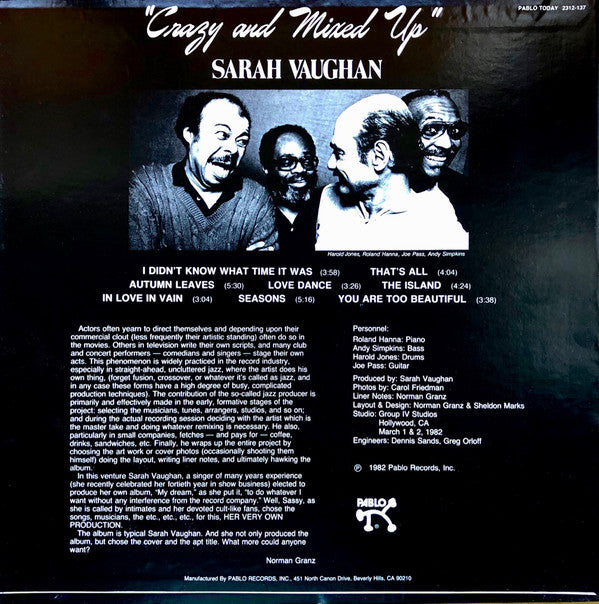 Sarah Vaughan : Crazy And Mixed Up (LP, Album)