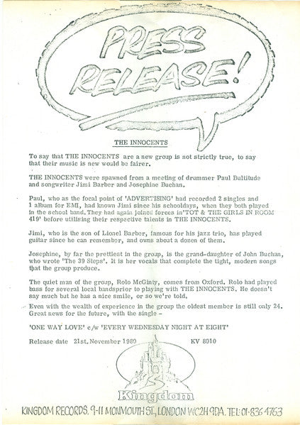 The Innocents (5) : One Way Love (7", Single)