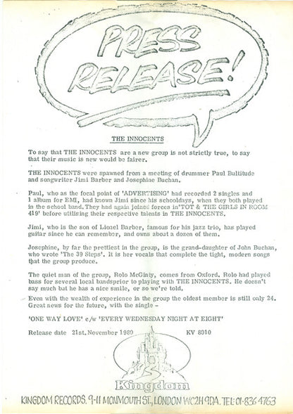 The Innocents (5) : One Way Love (7", Single)