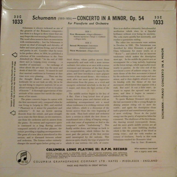 Robert Schumann, Walter Gieseking And The Philharmonia Orchestra Conducted By Herbert Von Karajan : Concerto In A Minor, Op.54 (10")