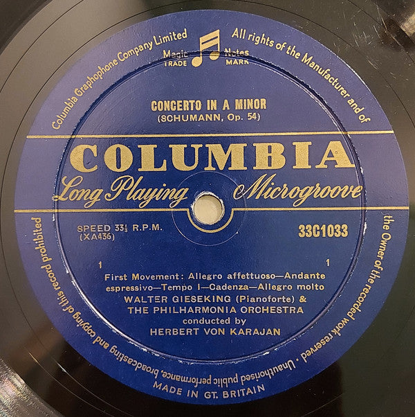 Robert Schumann, Walter Gieseking And The Philharmonia Orchestra Conducted By Herbert Von Karajan : Concerto In A Minor, Op.54 (10")