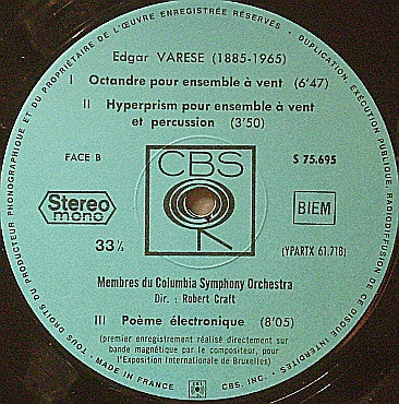 Edgard Varèse - Columbia Symphony Orchestra, Robert Craft : Density 21,5, Hyperprism, Intégrales, Ionisation, Octandre, Poème Électronique (LP, Album, RE)