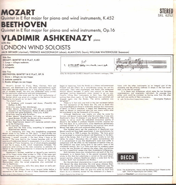 Wolfgang Amadeus Mozart, Ludwig van Beethoven, Vladimir Ashkenazy, London Wind Soloists : Quintet In E Flat , K.452 / Quintet In E Flat , Op.16 (LP, RP)