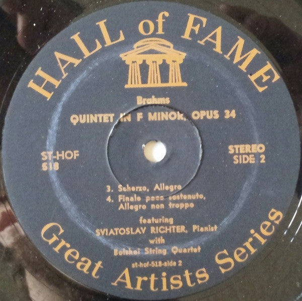 Johannes Brahms - Sviatoslav Richter With Bolshoi Theatre Quartet : Piano Quintet In F Minor Op. 34 (LP, Ele)