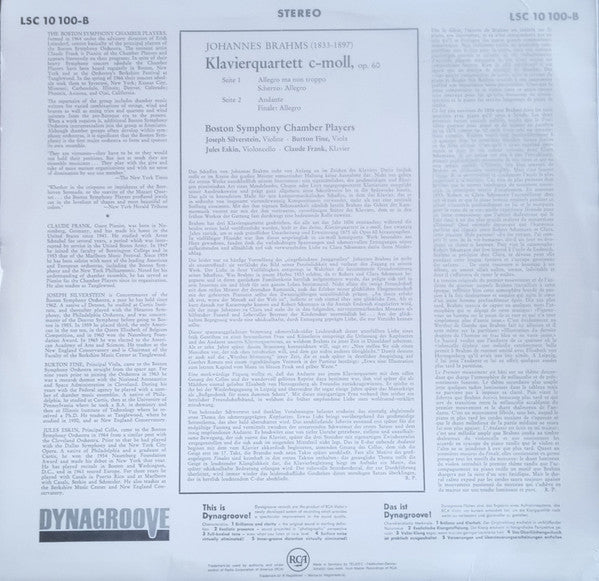 Johannes Brahms / Boston Symphony Chamber Players : Klavierquartett C-Moll, Op. 60 (LP)