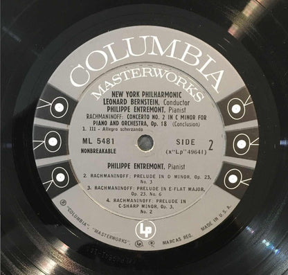 Sergei Vasilyevich Rachmaninoff : Philippe Entremont, Leonard Bernstein, New York Philharmonic : Concerto No. 2 / Three Preludes For Piano:  No. 3 In D Minor, Op. 23 /  No. 6 In E-Flat Major, Op. 23 / No. 2 In C-Sharp Minor, Op. 3 (LP, Mono)